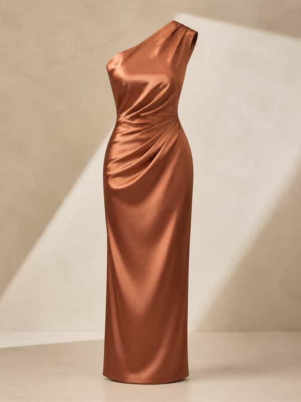 Asymmetric Draped Column Dress – Copper