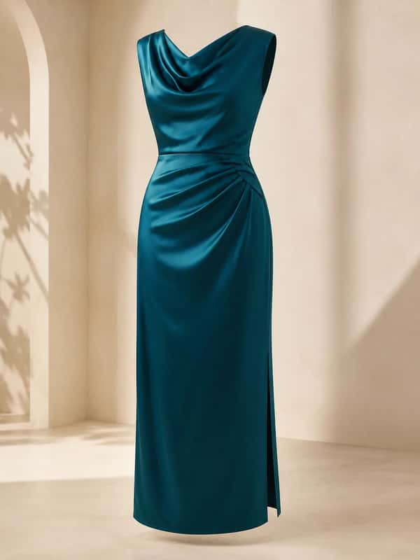 Sculpted Cowl-Neck Satin Midi Dress – Deep Teal