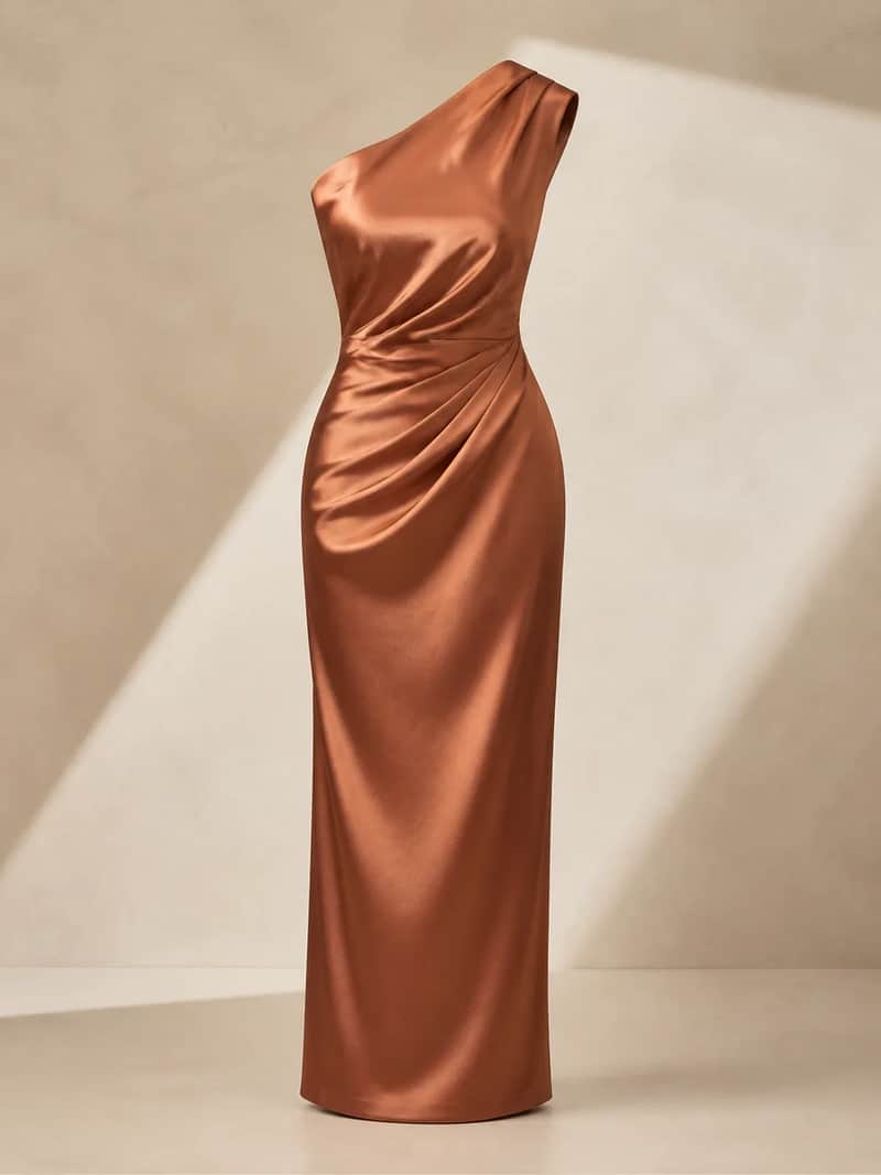 Asymmetric Draped Column Dress – Copper
